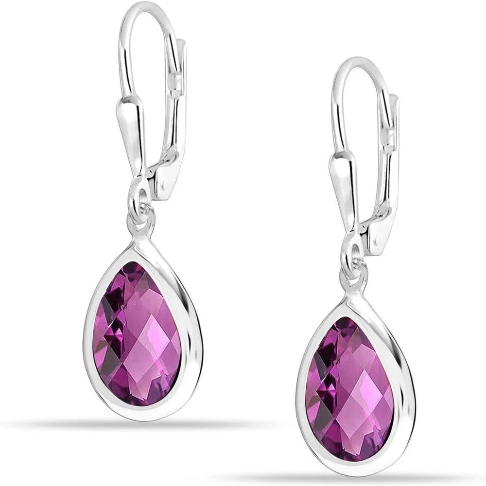Women's Sterling Silver Drop Created Birthstone Leverback Purple Earring - Picture 4 of 6